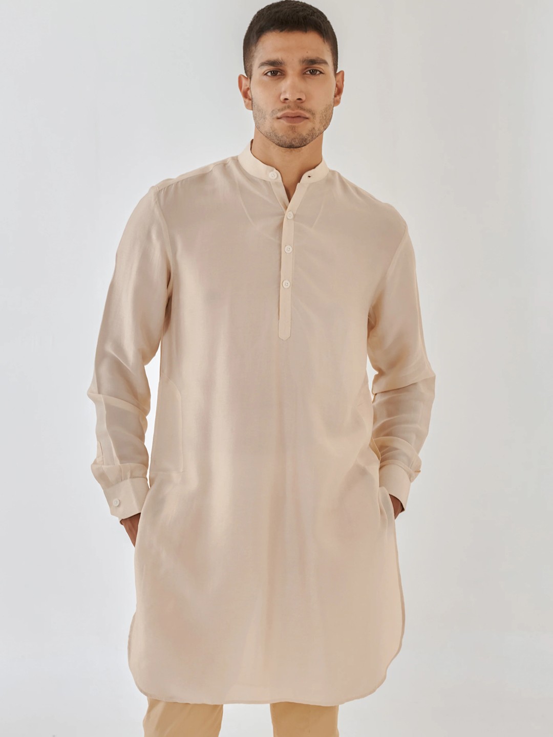 

QB MEN Mandarin Collar Long Sleeves Cotton Straight Kurta, Beige