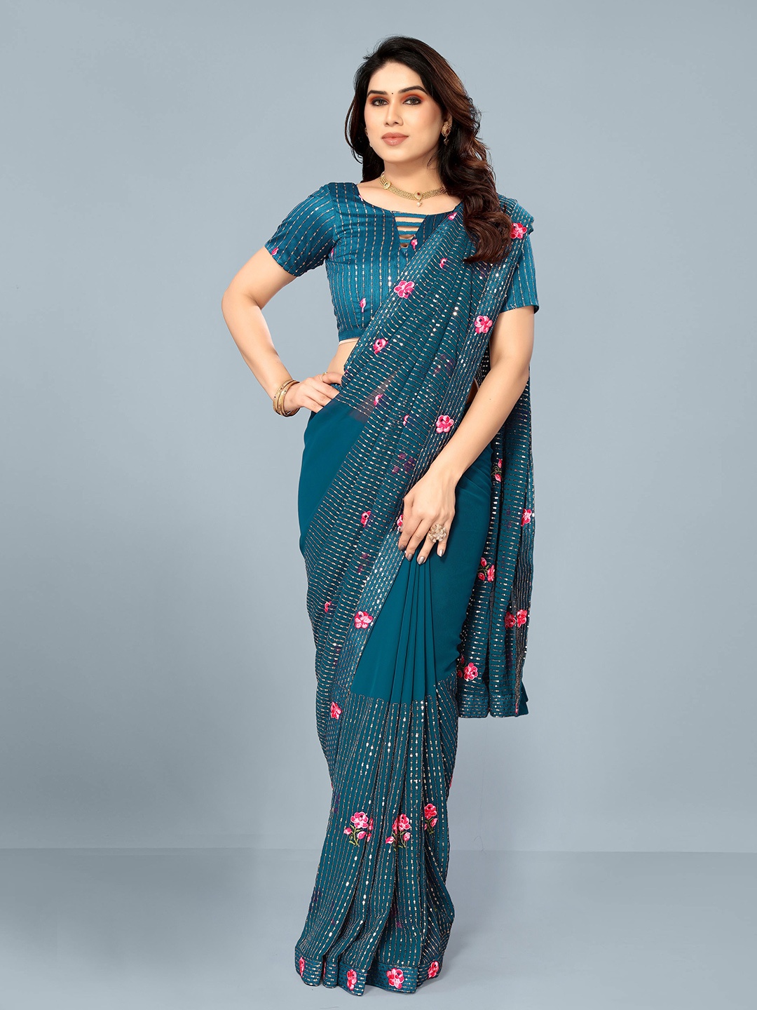 

Ashiya Fab Floral Embroidered Sequinned Pure Georgette Saree, Blue