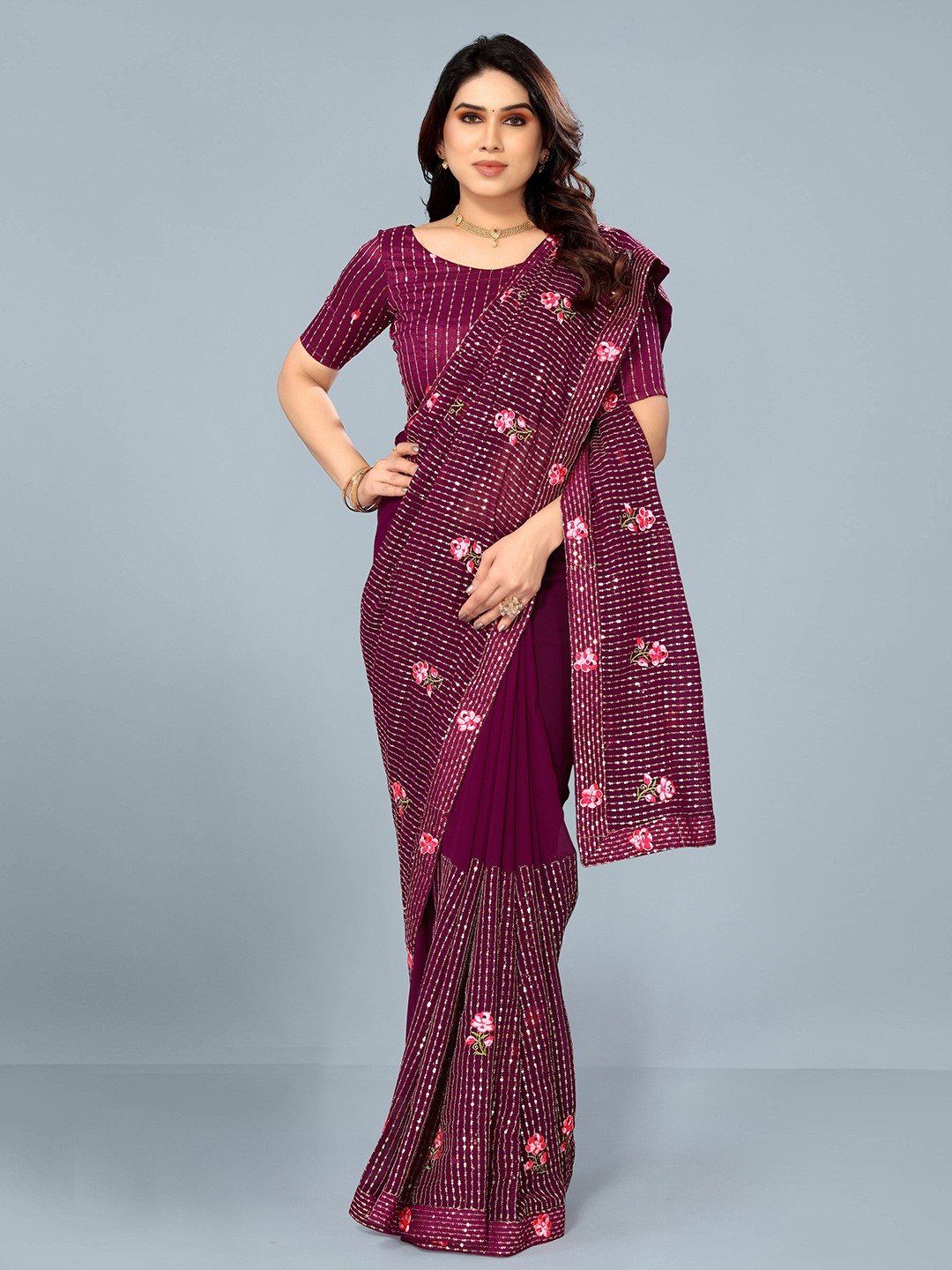 

Ashiya Fab Floral Embroidered Sequinned Pure Georgette Saree, Purple