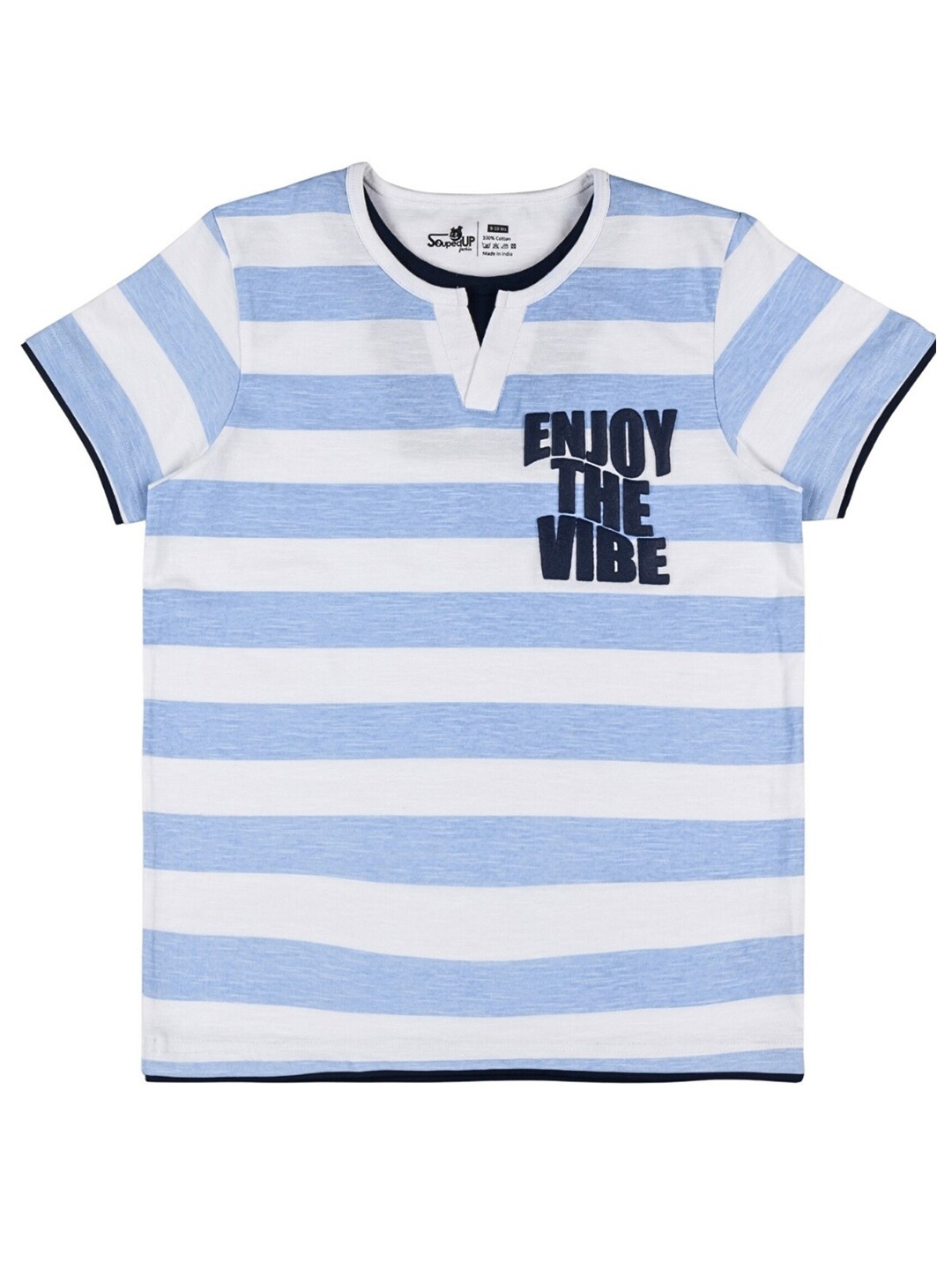 

Souped Up Fashion Boys Striped Henley Neck Pure Cotton T-shirt, White