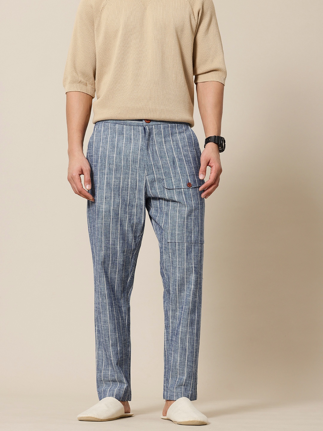

Mr Bowerbird Men Liberal Fit Striped Cotton Linen Trousers, Blue