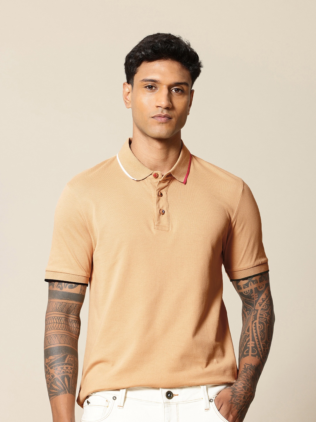 

Mr Bowerbird Polo Collar Tailored Fit Pure Cotton T-shirt, Khaki