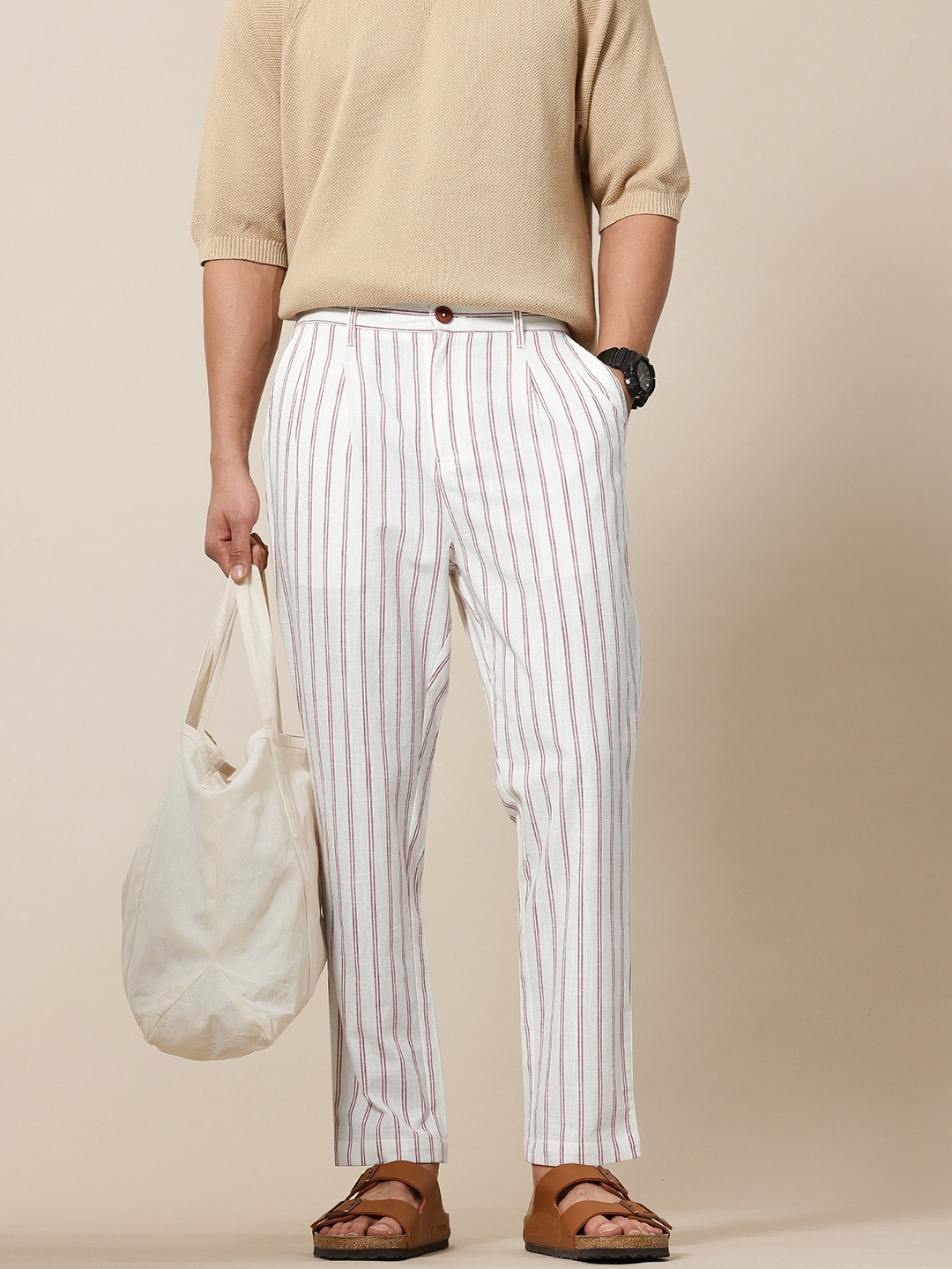 

Mr Bowerbird Men Liberal Fit Striped Cotton Linen Pleated Trousers, White