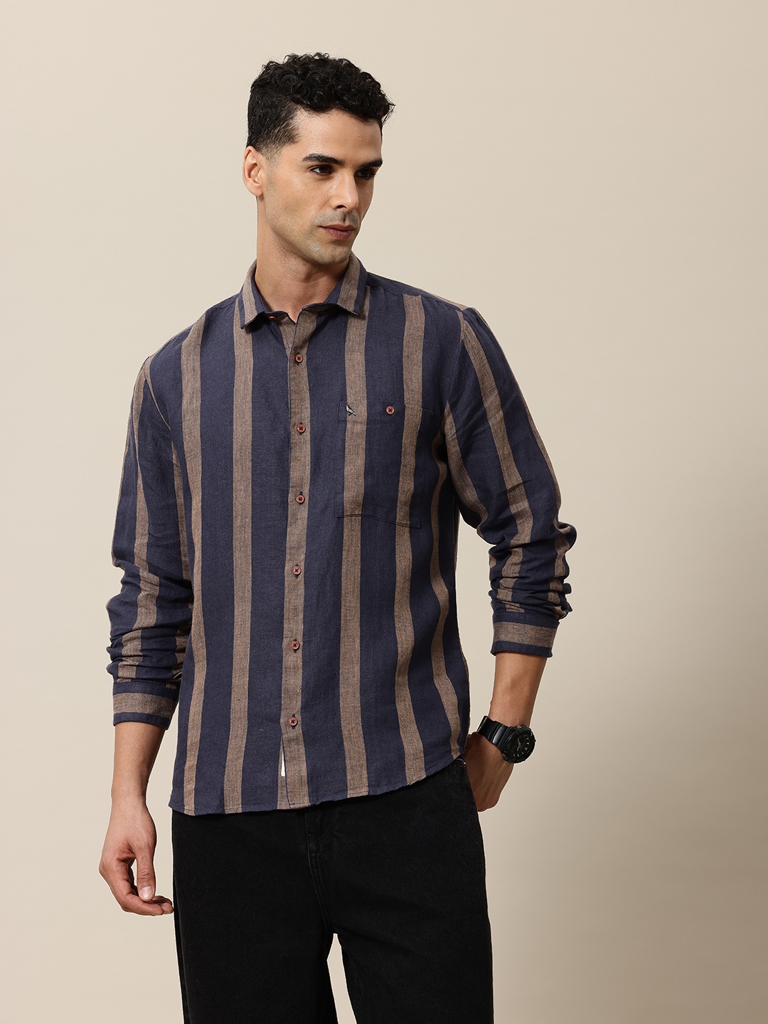 

Mr Bowerbird Pure Linen Tailored Fit Opaque Striped Casual Shirt, Navy blue