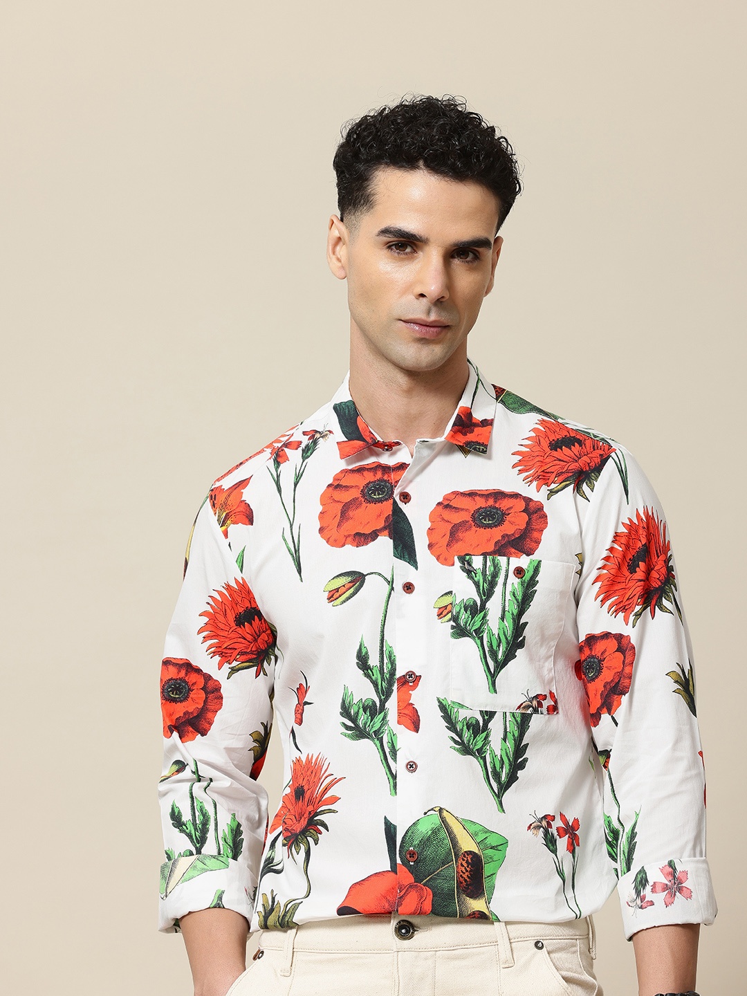 

Mr Bowerbird Tailored Fit Floral Printed Pure Cotton Casual Shirt, White