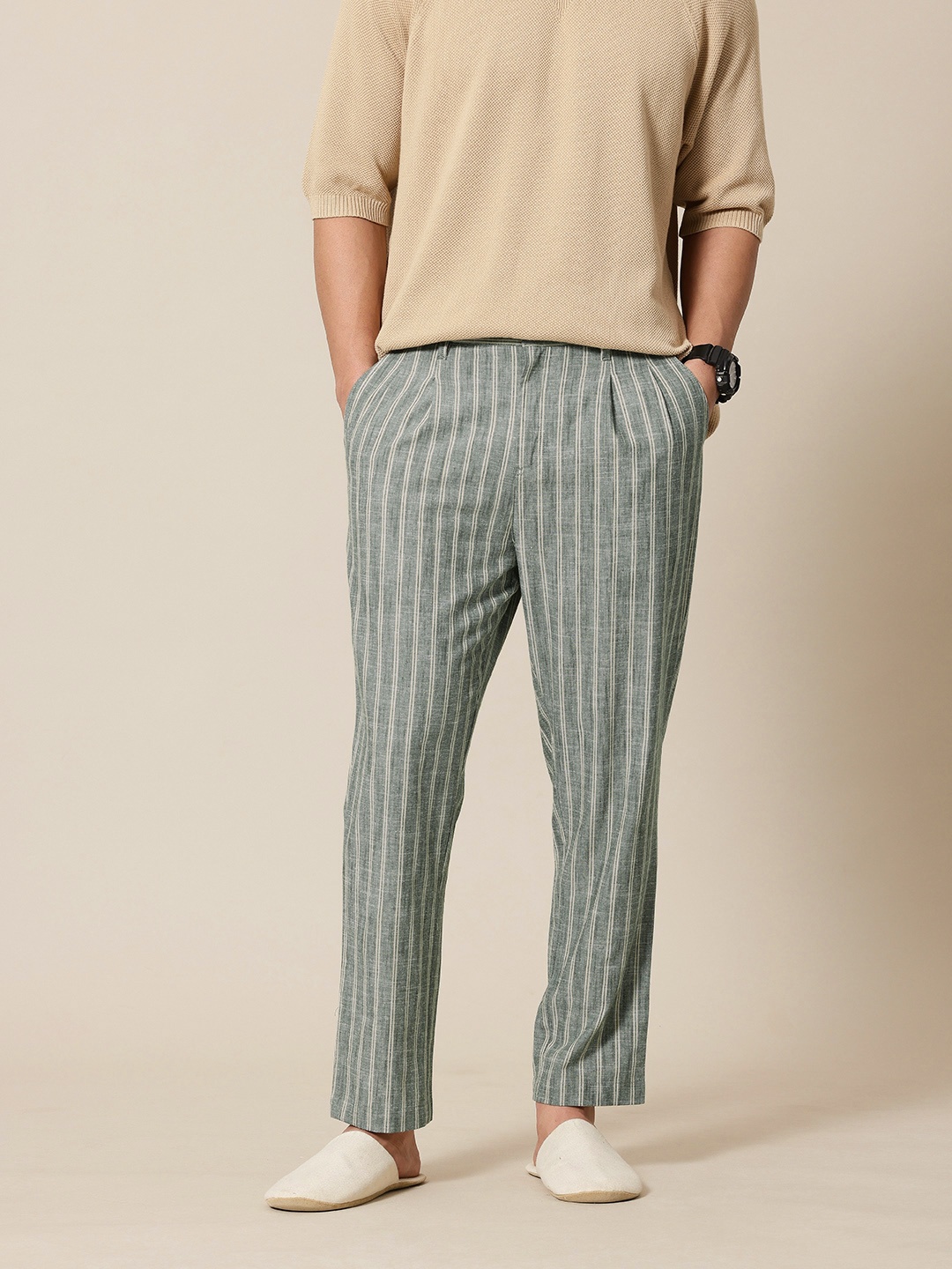 

Mr Bowerbird Men Liberal Fit Striped Cotton Linen Pleated Trousers, Green