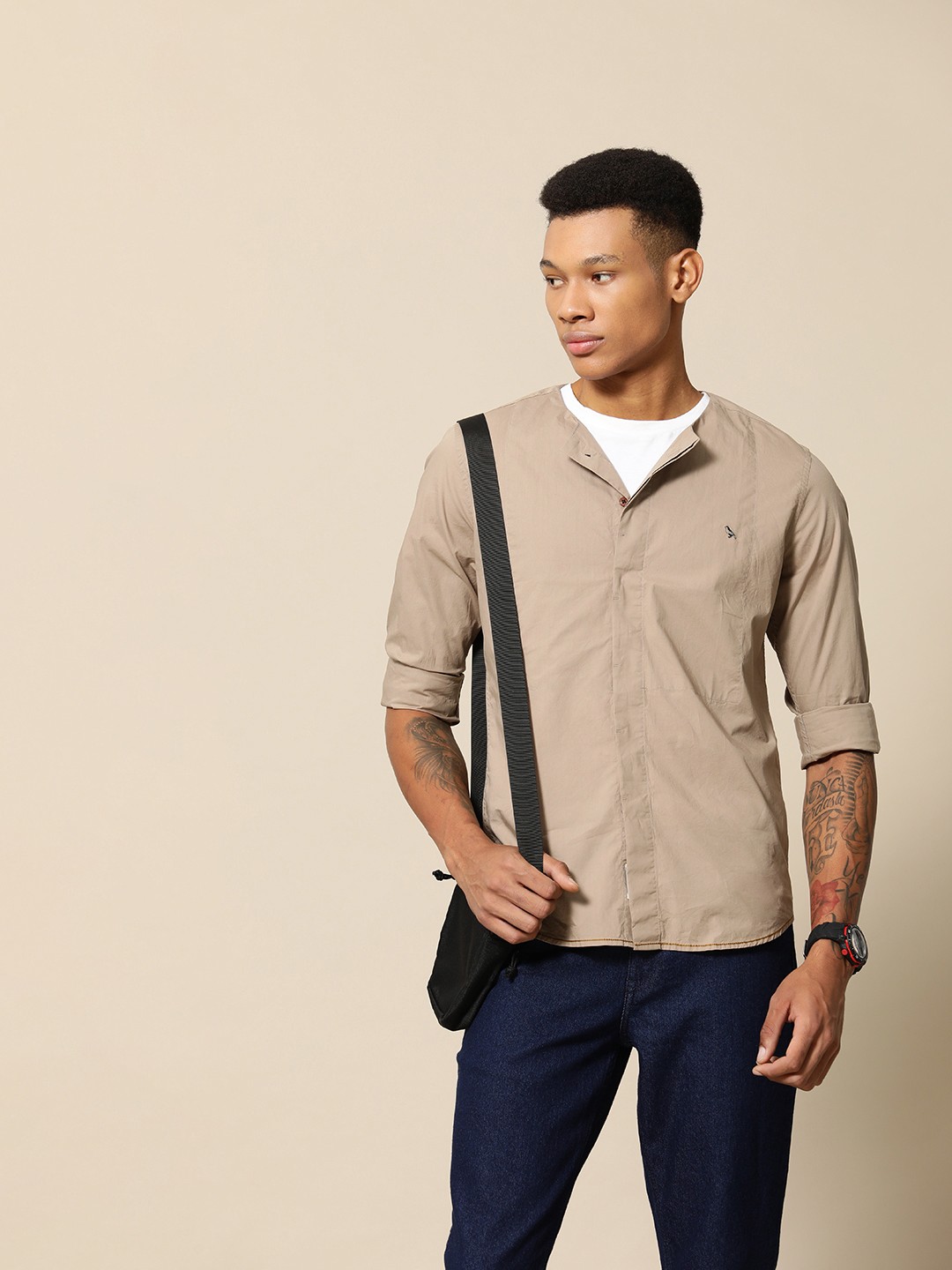 

Mr Bowerbird Tailored Fit Pure Cotton Compact Poplin Crew Neck Shirt, Brown