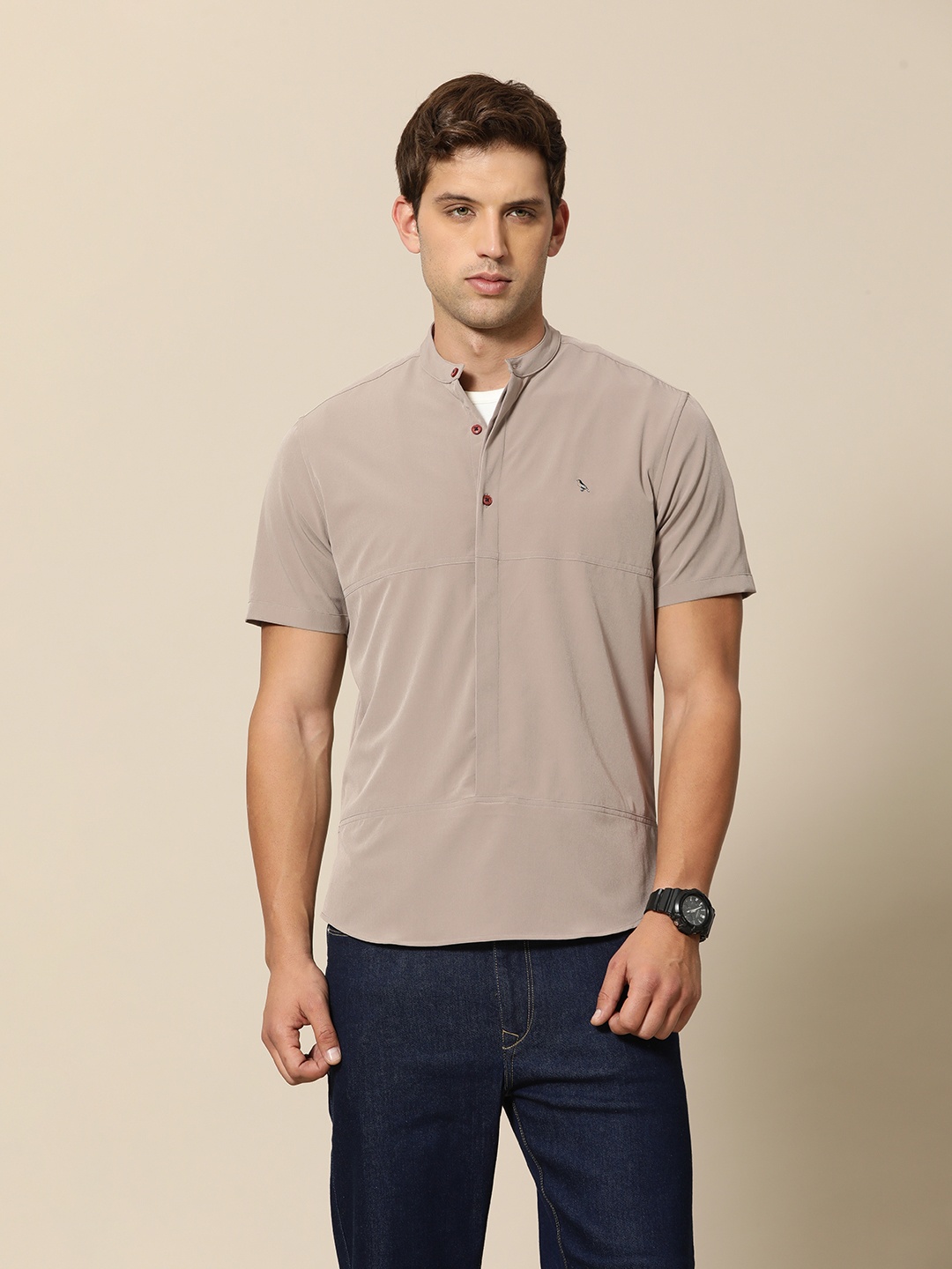 

Mr Bowerbird Solid Liberal Fit Band Collar Casual Shirt, Taupe