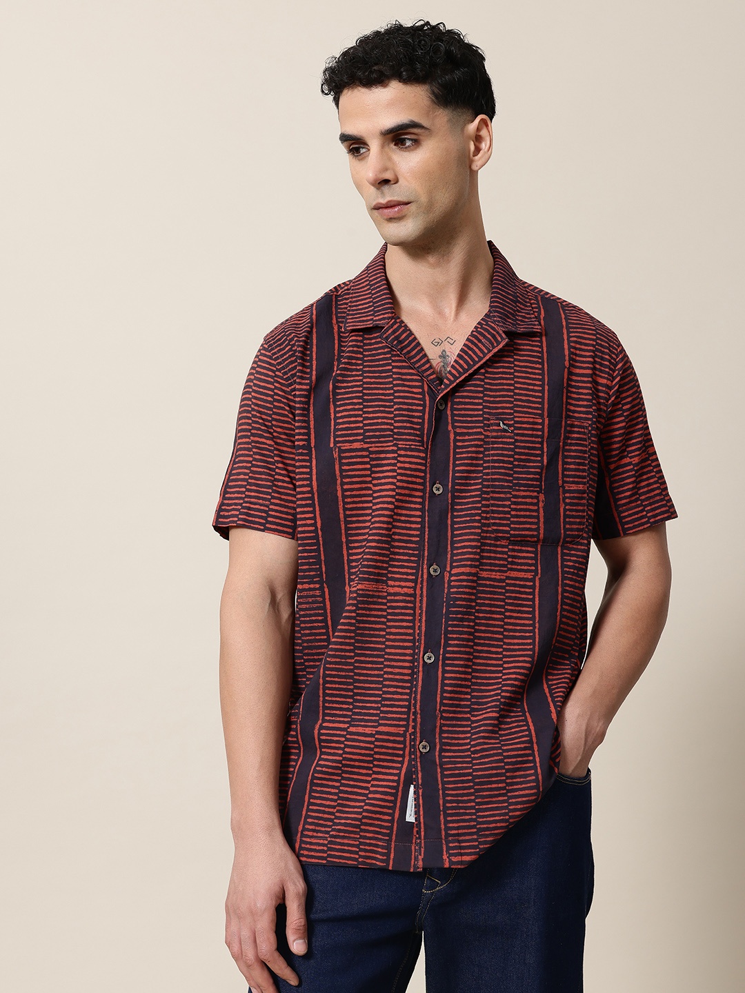 

Mr Bowerbird Pure Cotton Hand Block Printed Liberal Fit Resort Shirts, Brown