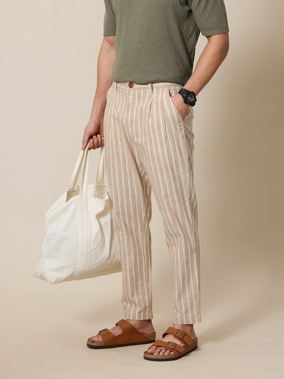 

Mr Bowerbird Men Liberal Fit Striped Cotton Linen Pleated Trousers, Beige