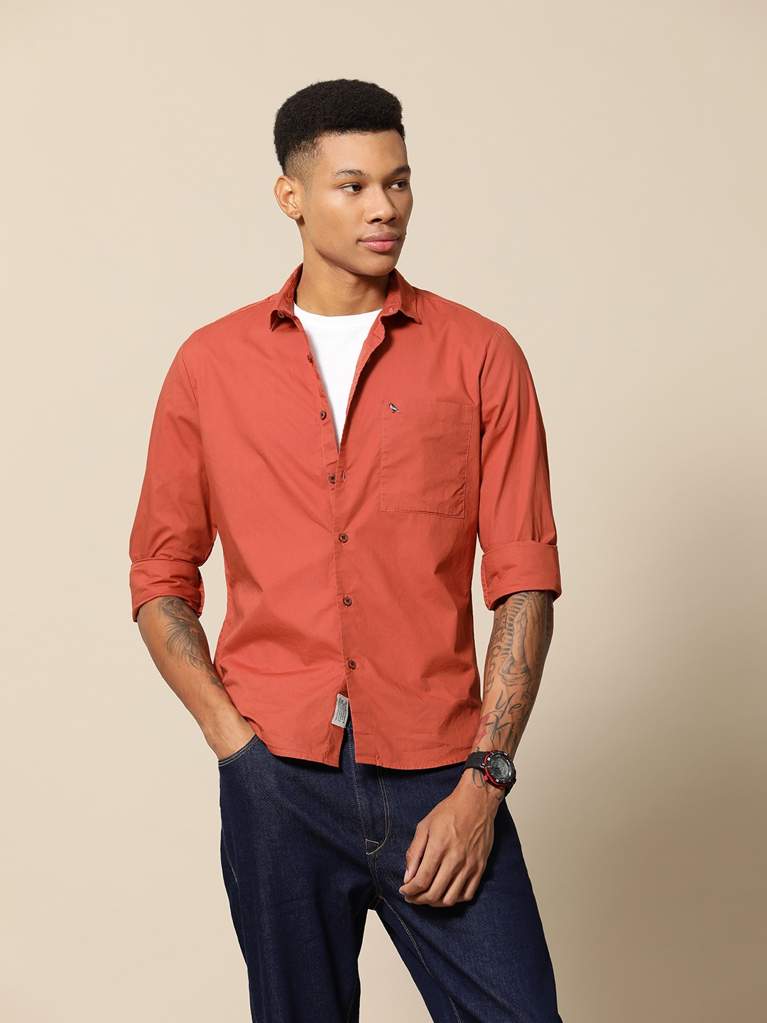 

Mr Bowerbird Pure Cotton Tailored Fit Compact Poplin Urban Shirt, Rust