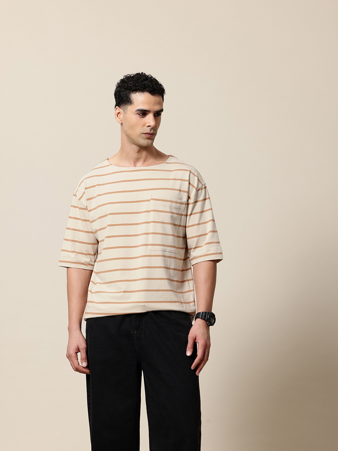 

Mr Bowerbird Striped Boat Neck Drop-Shoulder Sleeves Oversized T-shirt, Beige