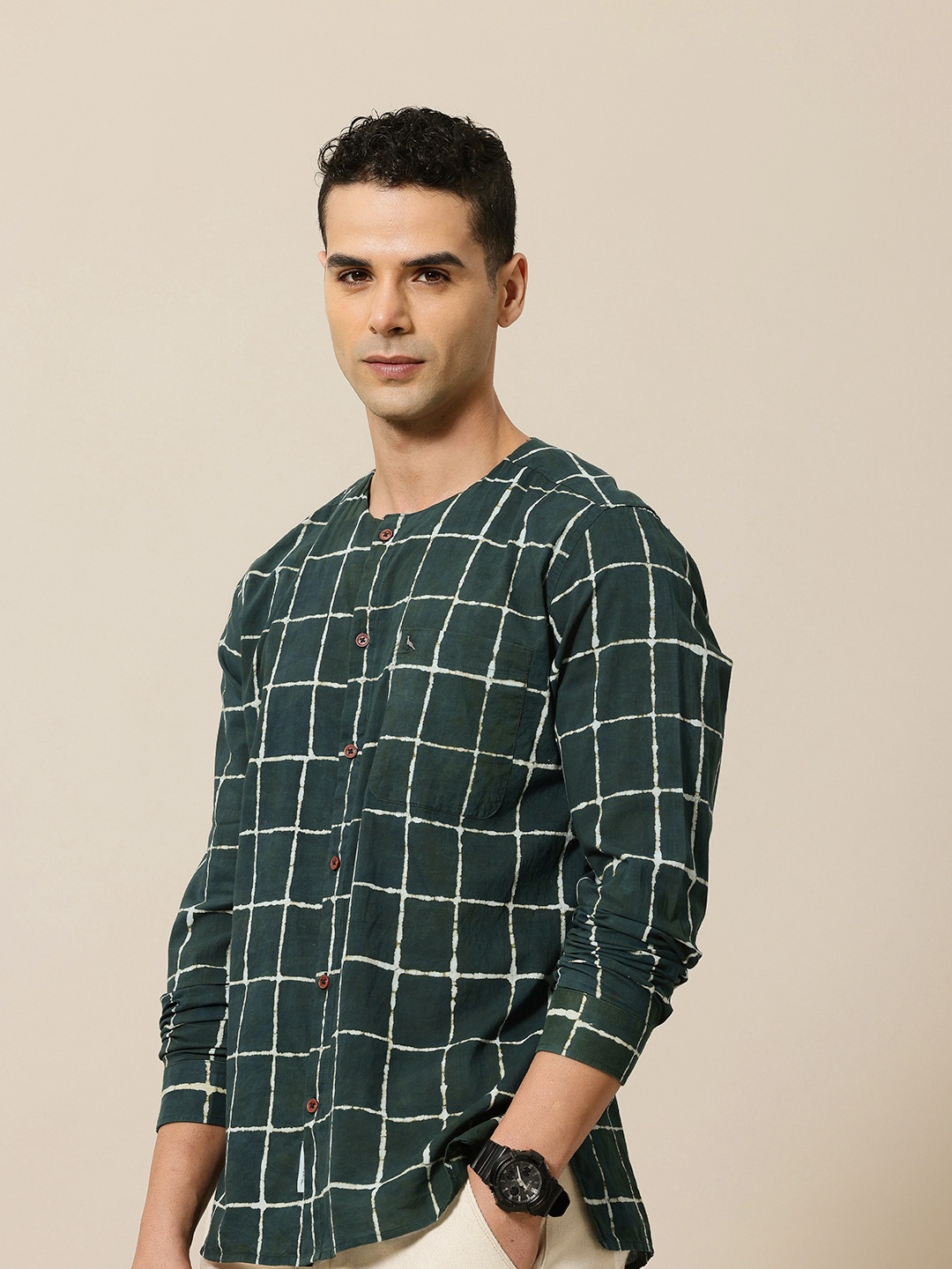 

Mr Bowerbird Pure Cotton Bagru Hand Block Windowpane Checked Liberal Fit Casual Shirt, Green