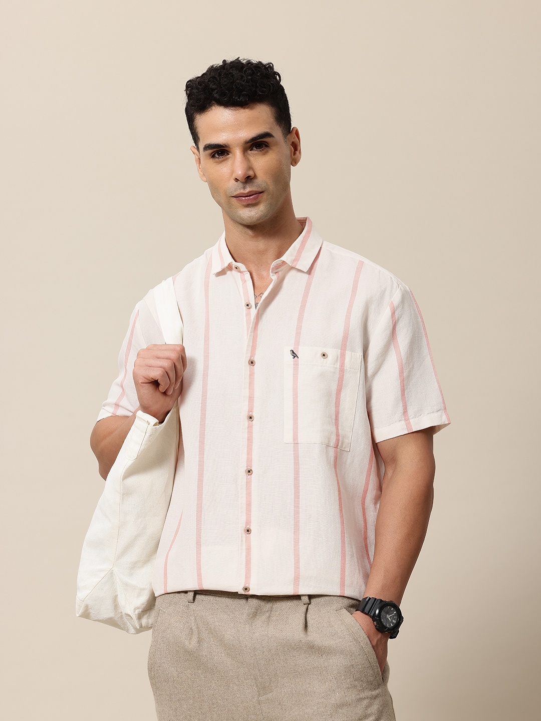 

Mr Bowerbird Liberal Fit Linen Cotton Opaque Striped Casual Shirt, Off white