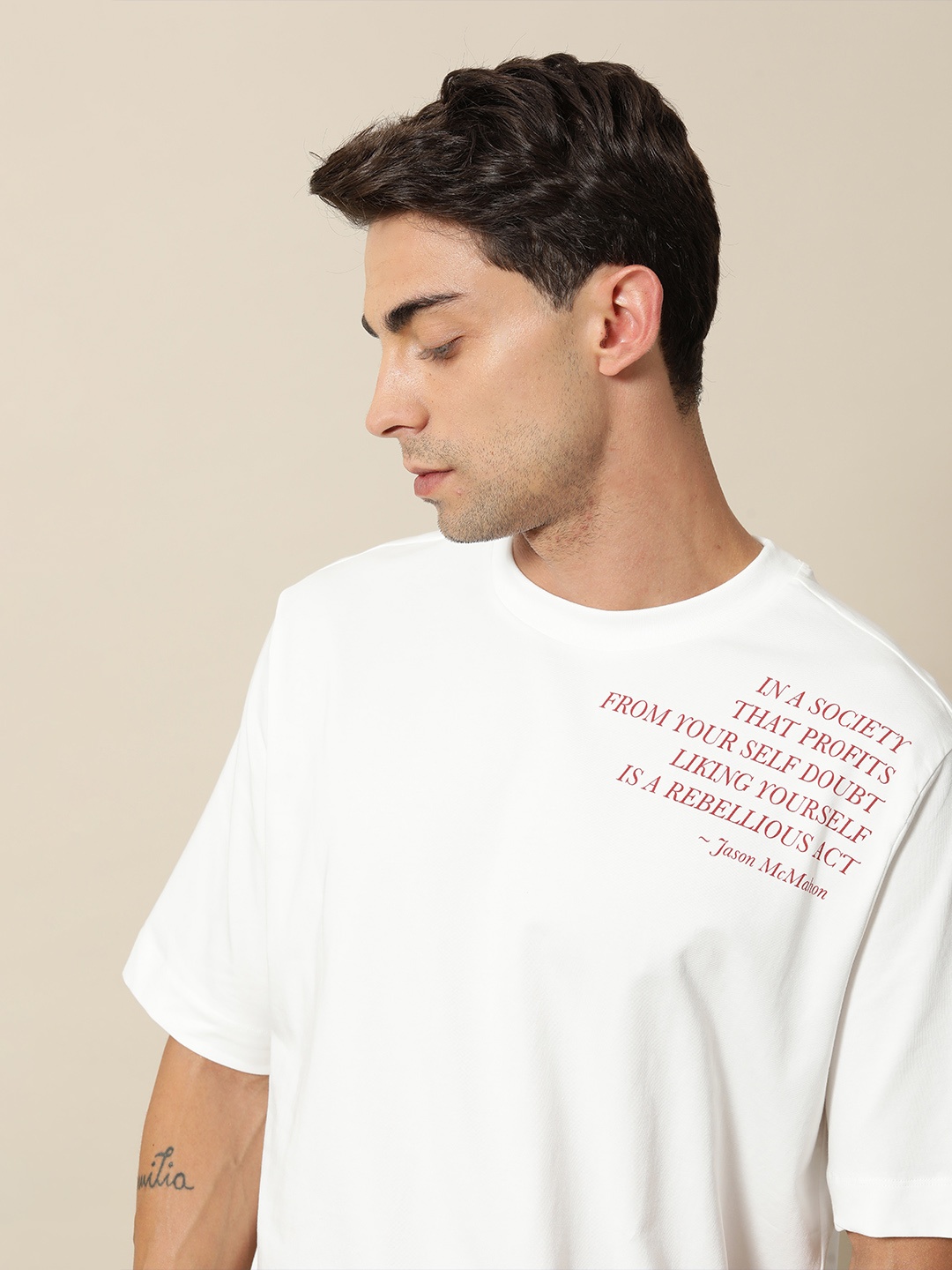 

Mr Bowerbird Printed Drop-Shoulder Sleeves Self Love Oversized T-shirt, White