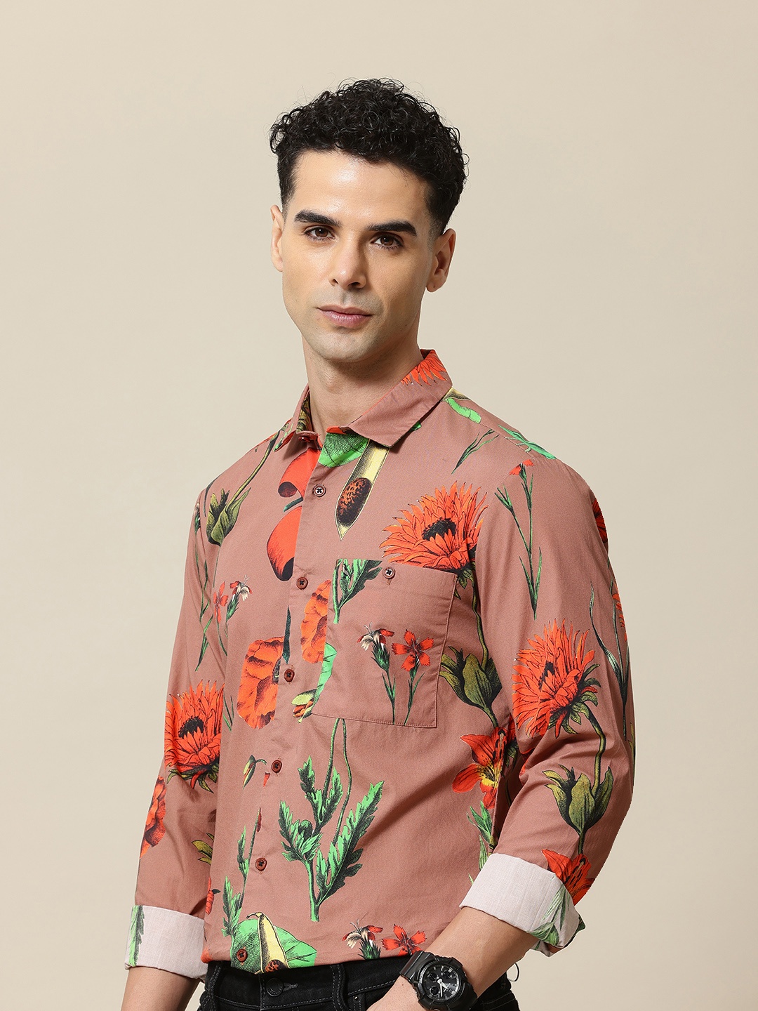 

Mr Bowerbird Tailored Fit Floral Printed Pure Cotton Casual Shirt, Brown