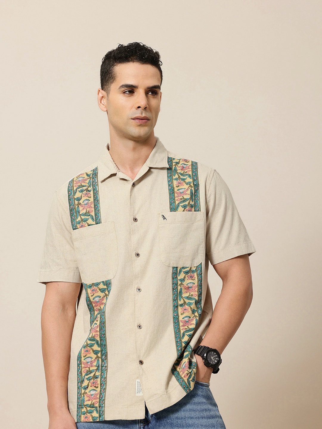 

Mr Bowerbird Cotton Linen Applique Detailed Casual Shirt, Beige