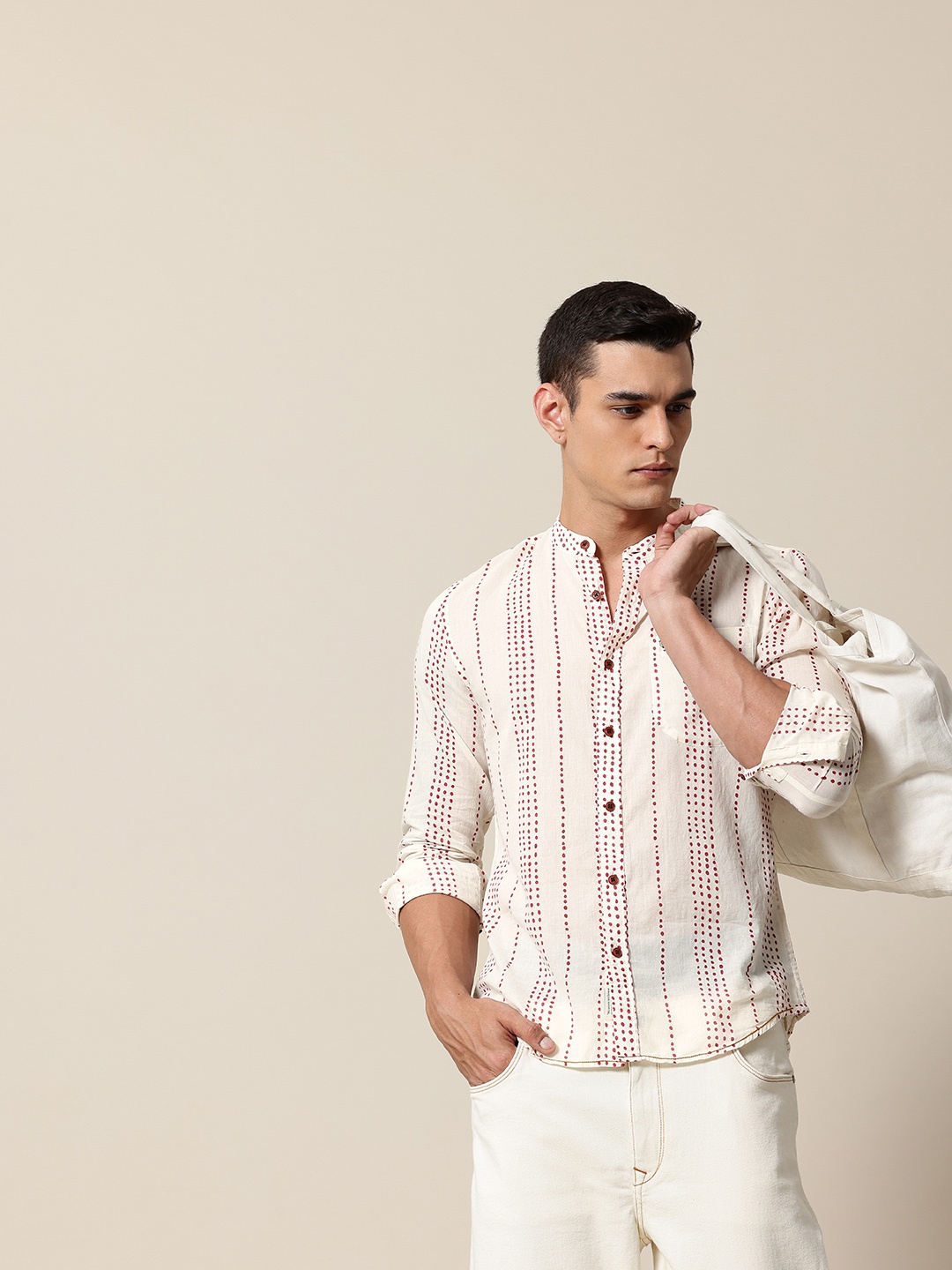 

Mr Bowerbird Striped Organic Cotton Tailored Fit Semi Sheer Casual Shirt, Beige