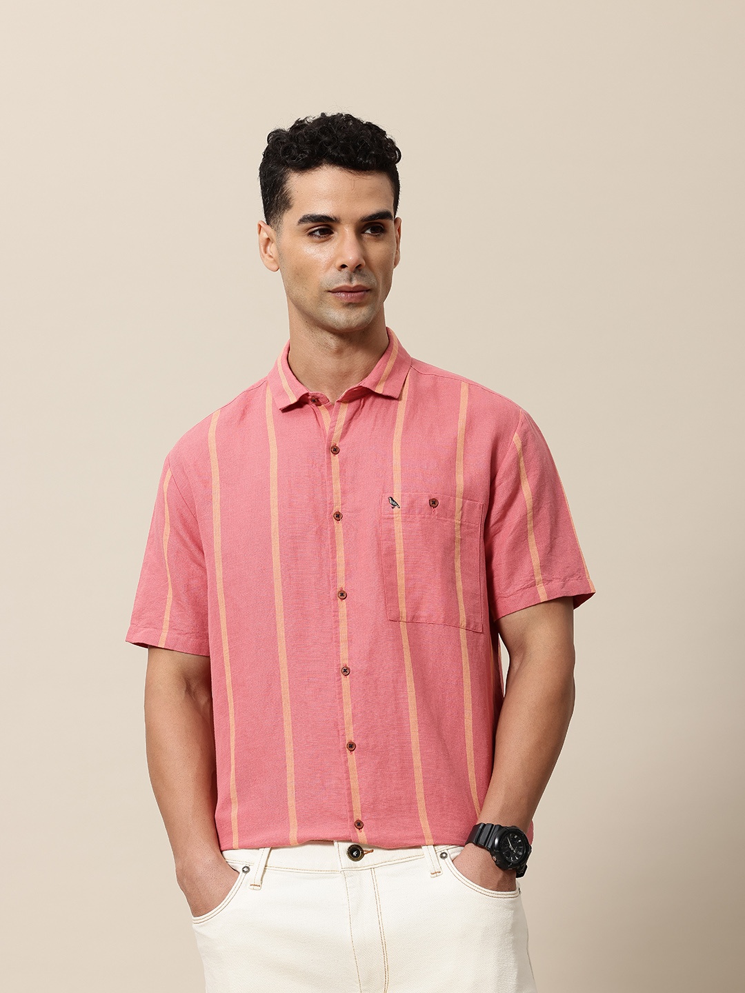 

Mr Bowerbird Liberal Fit Linen Cotton Opaque Striped Casual Shirt, Pink