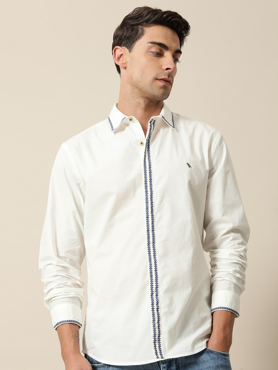 

Mr Bowerbird Pure Cotton Tailored Fit Compact Poplin Tape Shirt, White