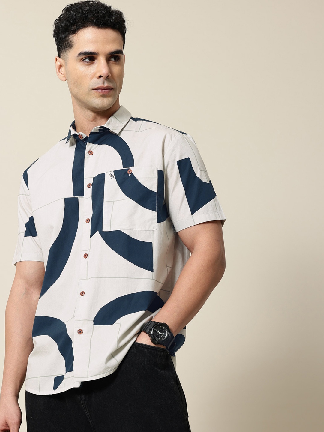 

Mr Bowerbird Pure Cotton Liberal Fit Opaque Printed Casual Shirt, Grey