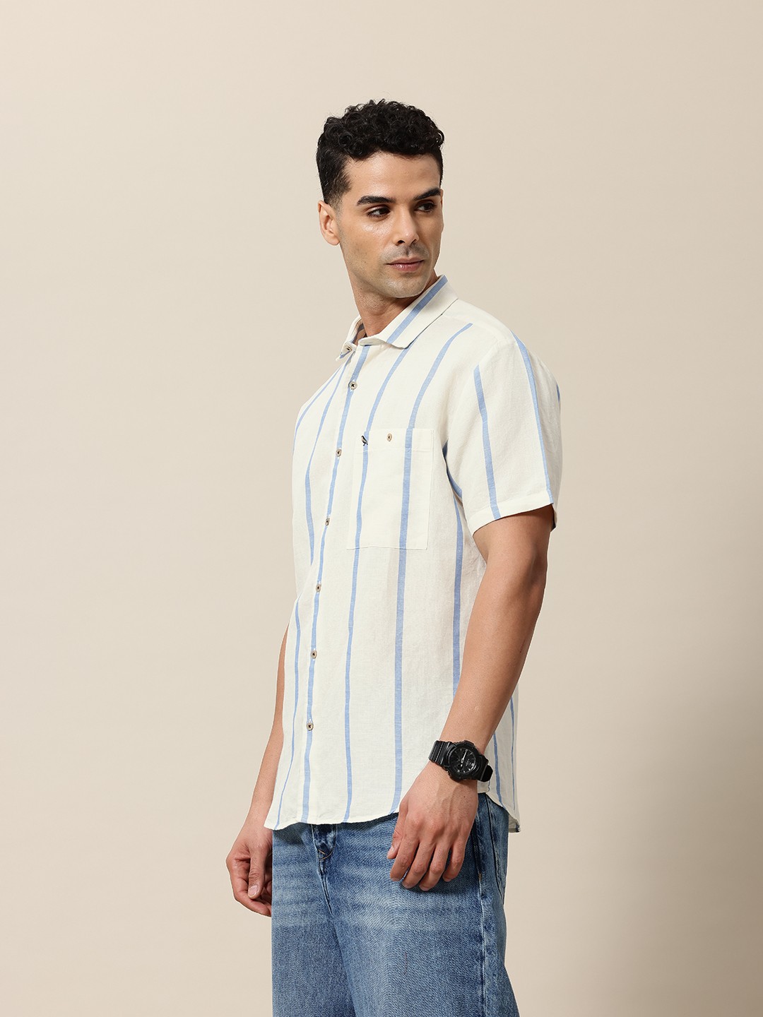 

Mr Bowerbird Liberal Fit Linen Cotton Opaque Striped Casual Shirt, Off white