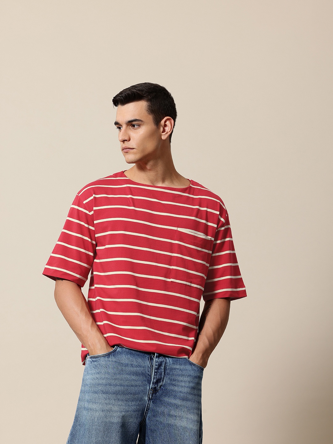 

Mr Bowerbird Striped Boat Neck Drop-Shoulder Sleeves Oversized T-shirt, Red