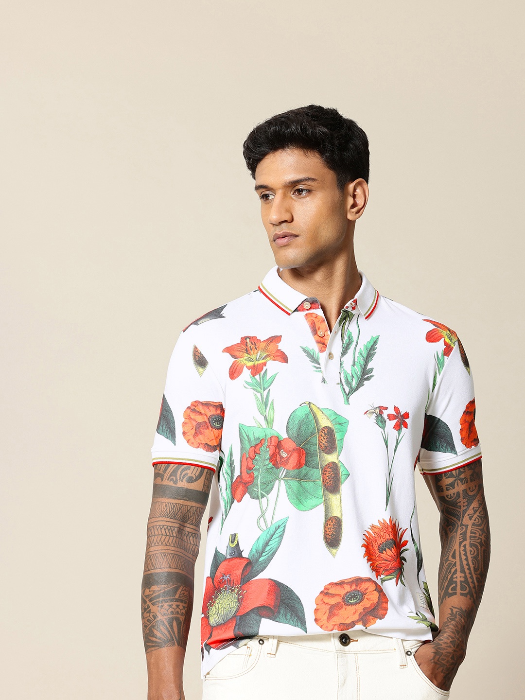 

Mr Bowerbird Floral Printed Polo Collar Tailored Fit Pure Cotton T-shirt, White