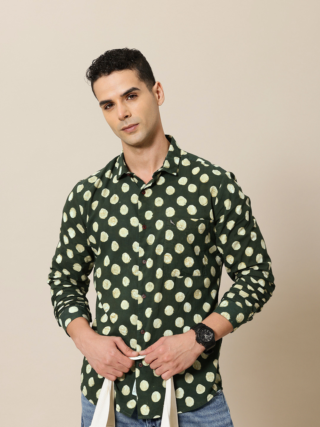 

Mr Bowerbird Pure Cotton Bagru Hand Block Printed Printed Tailored Fit Casual Shirt, Green