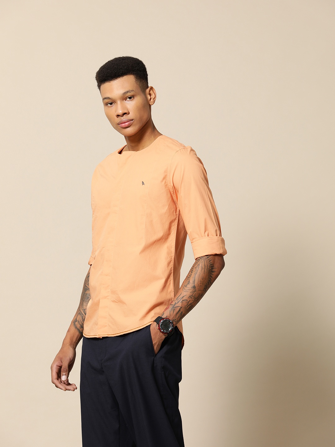 

Mr Bowerbird Solid Tailored Fit Pure Cotton Compact Poplin Crew Neck Shirt, Orange