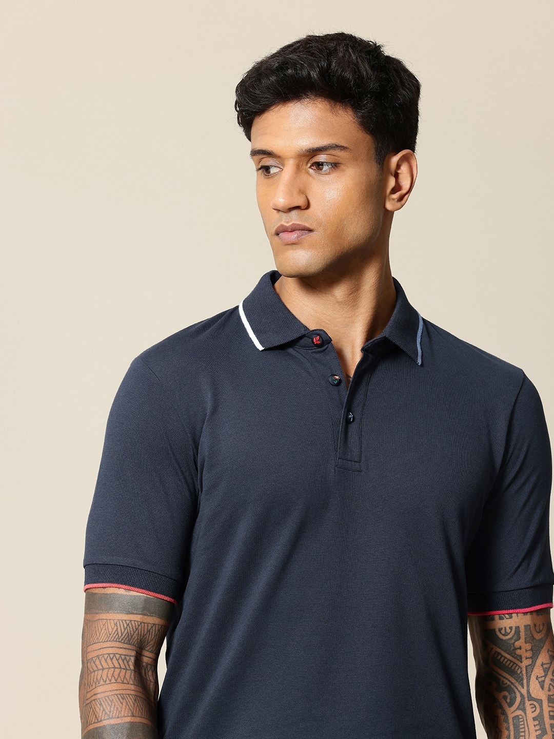 

Mr Bowerbird Polo Collar Tailored Fit Pure Cotton T-shirt, Navy blue