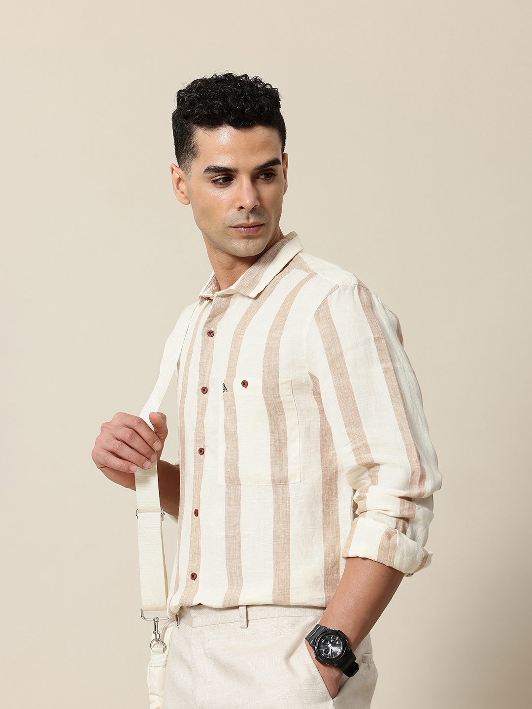 

Mr Bowerbird Pure Linen Tailored Fit Striped Casual Shirt, Beige