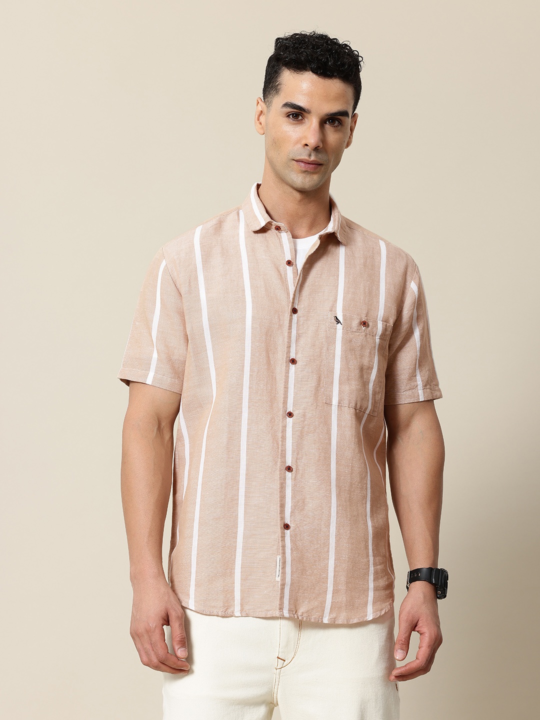 

Mr Bowerbird Linen Cotton Liberal Fit Striped Casual Shirt, Beige