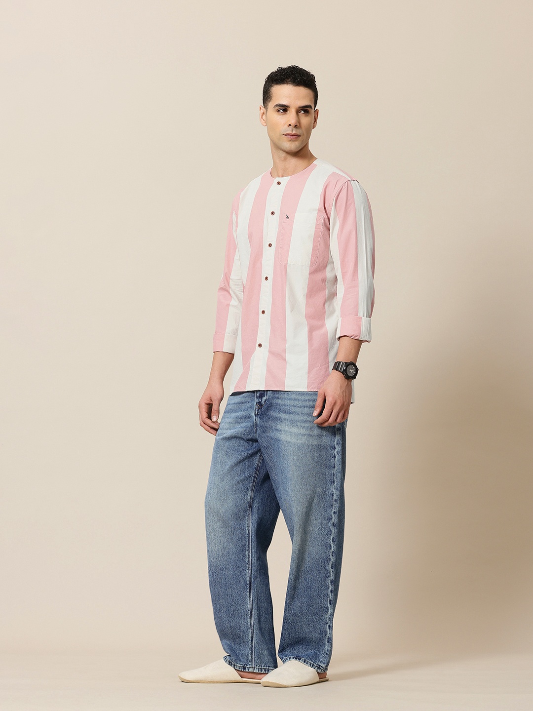 

Mr Bowerbird Pure Cotton Collarless Striped Liberal Fit Casual Shirt, Pink
