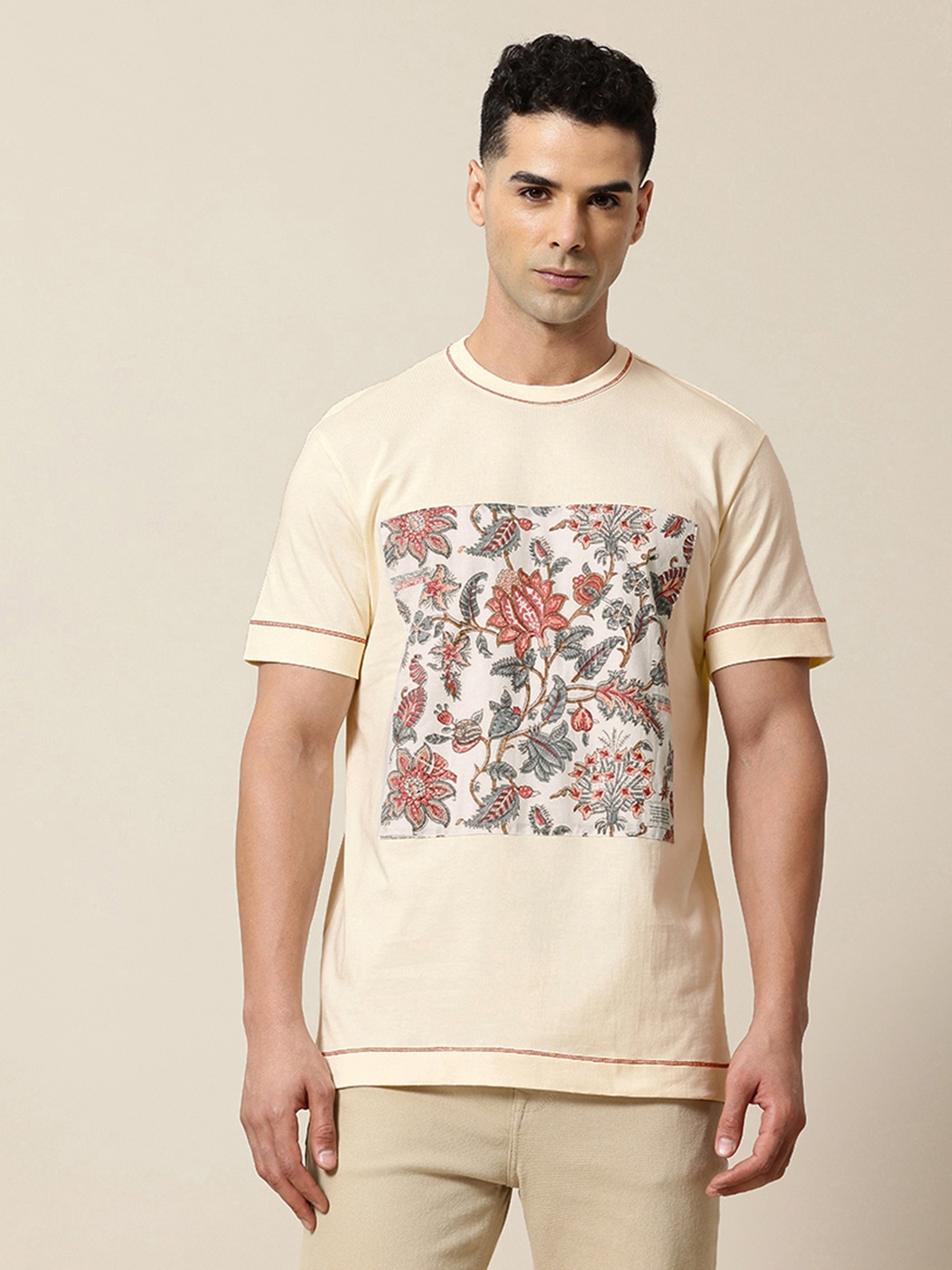 

Mr Bowerbird Pure Cotton Liberal Fit Baagh Rumal Hand Block Print T-shirt, Cream