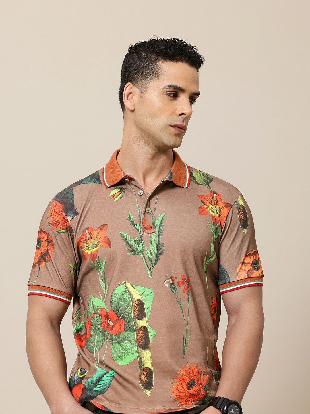 

Mr Bowerbird Floral Printed Polo Collar Pure Cotton Tailored Fit T-shirt, Brown