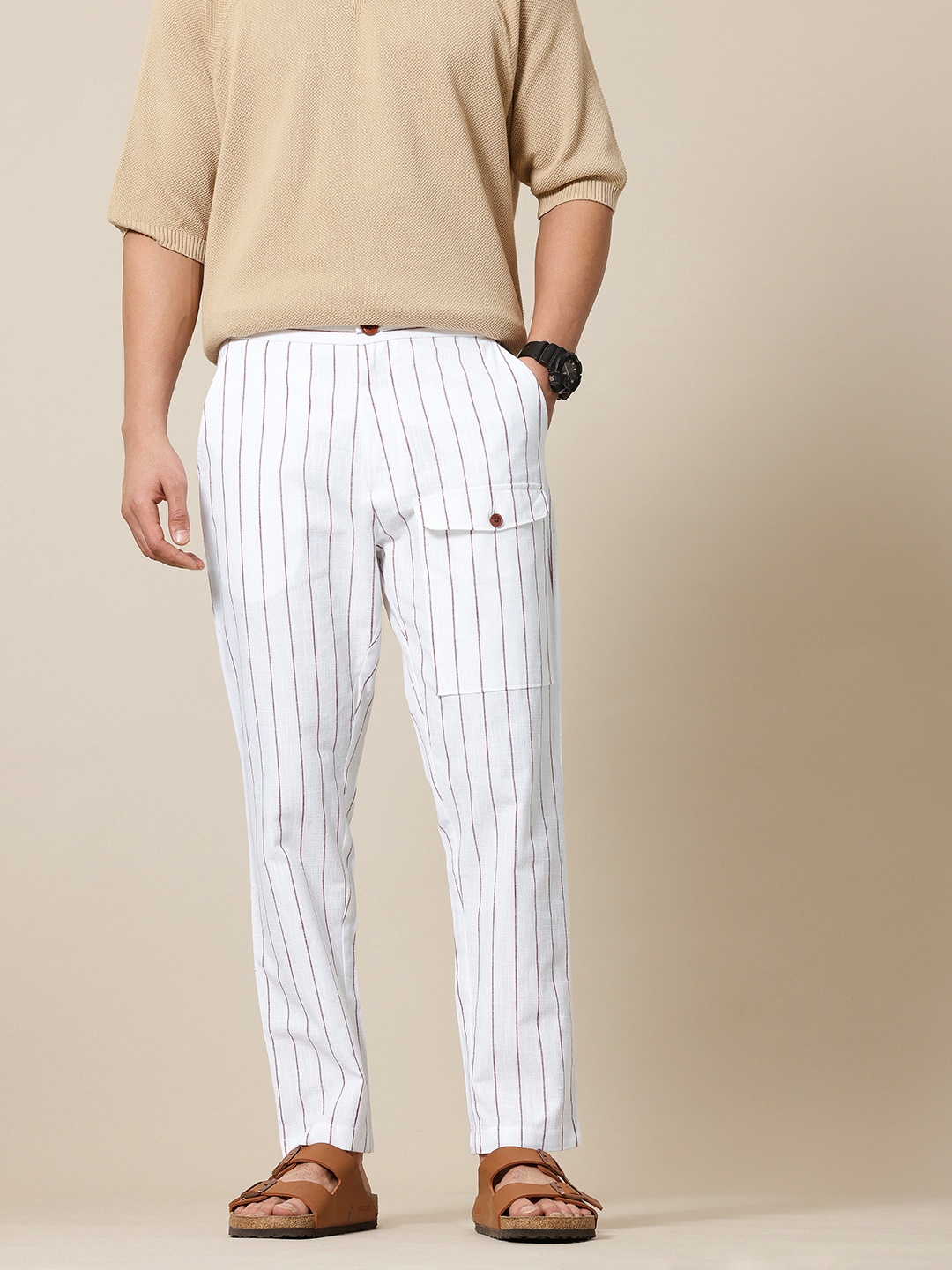 

Mr Bowerbird Men Cotton Flax Liberal Fit Striped Trousers, White