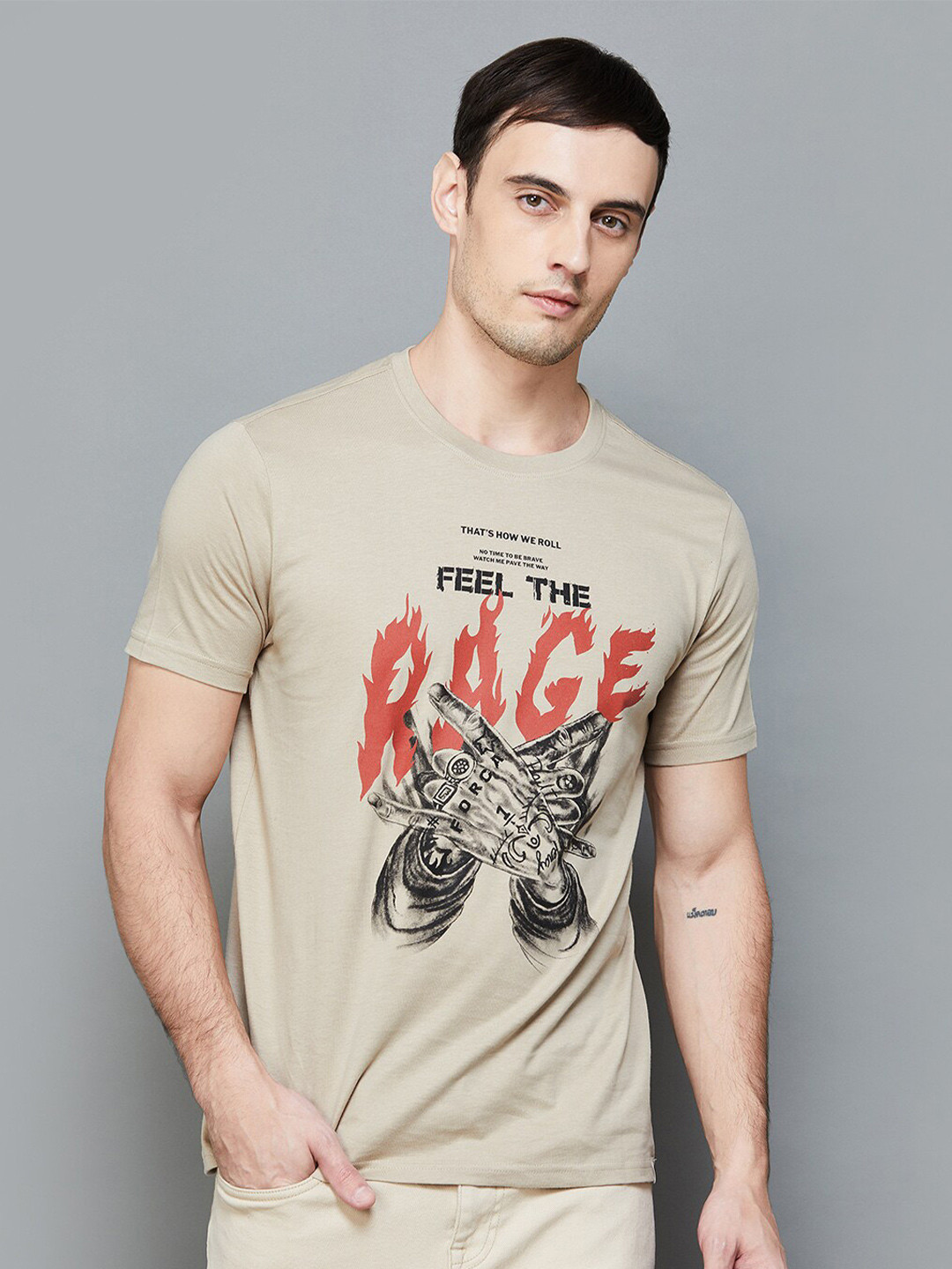 

Forca by Lifestyle Graphic Printed Slim Fit Cotton T-shirt, Beige