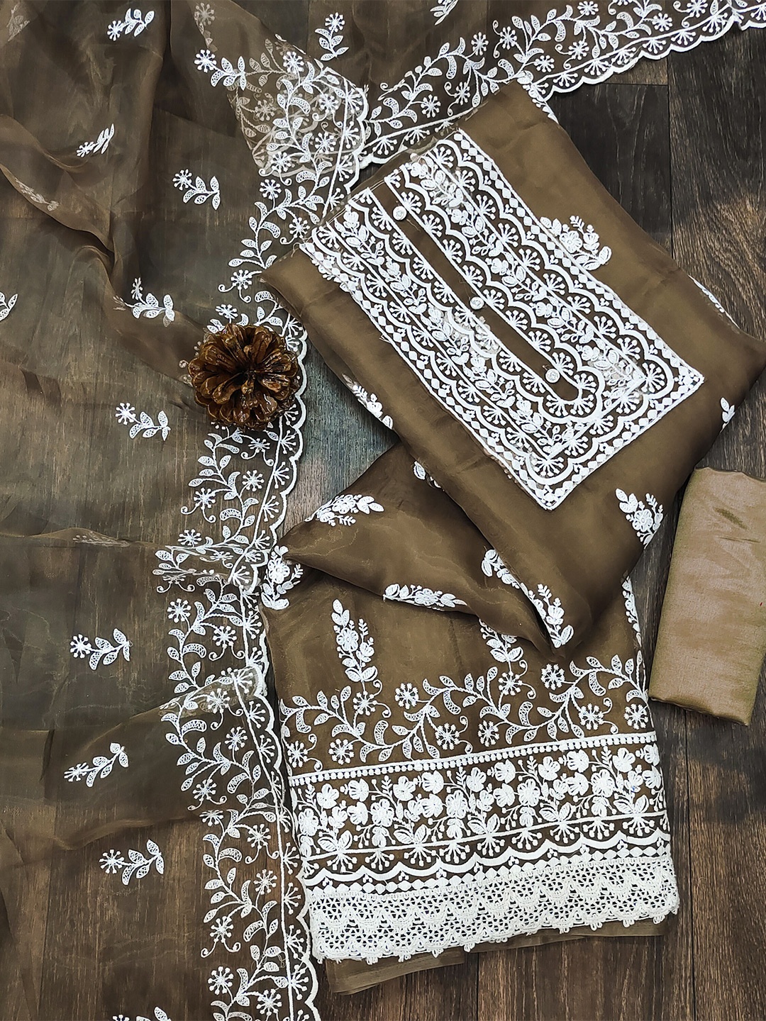 

MANVAA Floral Embroidered Organza Unstitched Dress Material, Brown