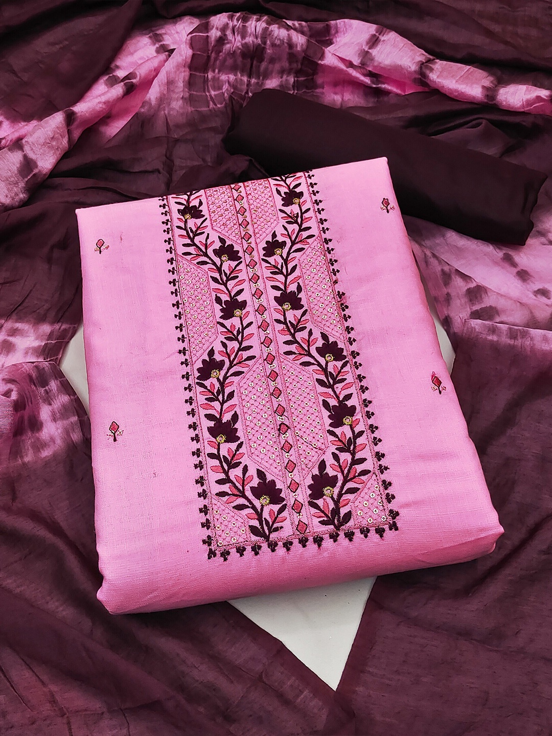 

MANVAA Floral Embroidered Unstitched Dress Material, Pink