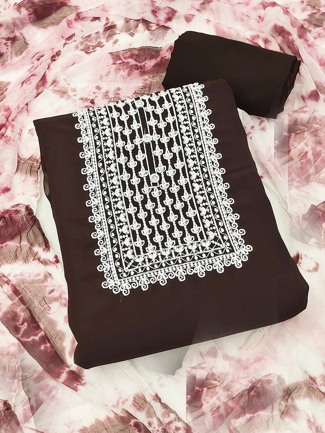 

MANVAA Ethnic Motif Embroidered Unstitched Dress Material, Brown