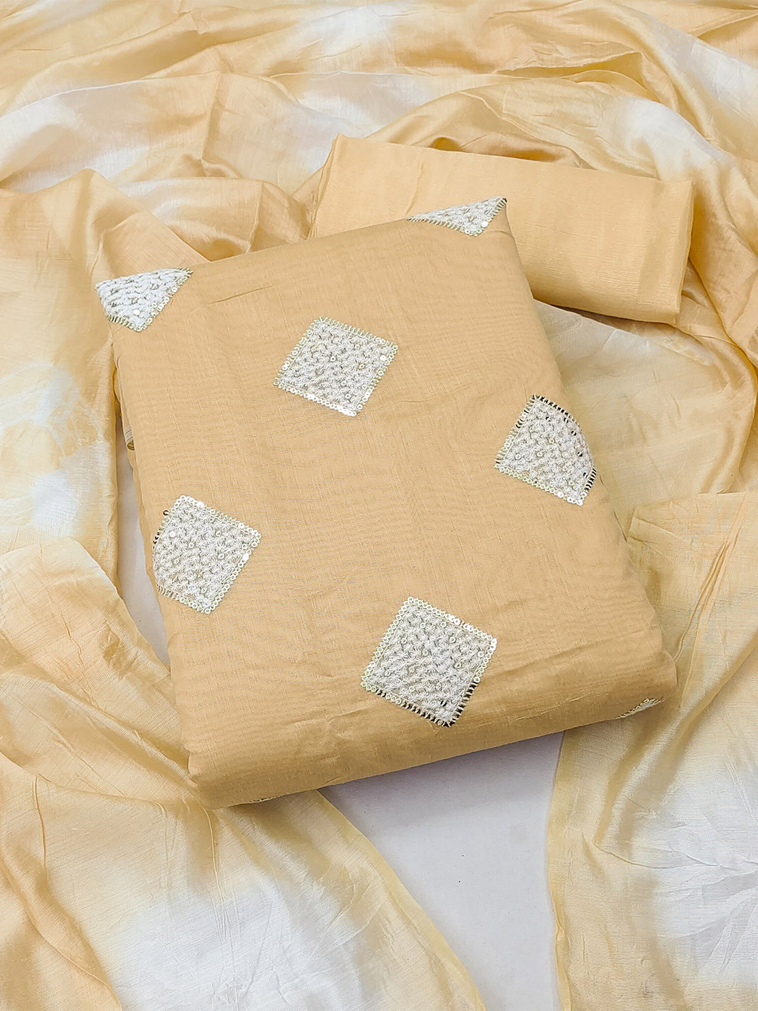 

MANVAA Ethnic Motifs Embroidered Sequinned Unstitched Dress Material, Beige