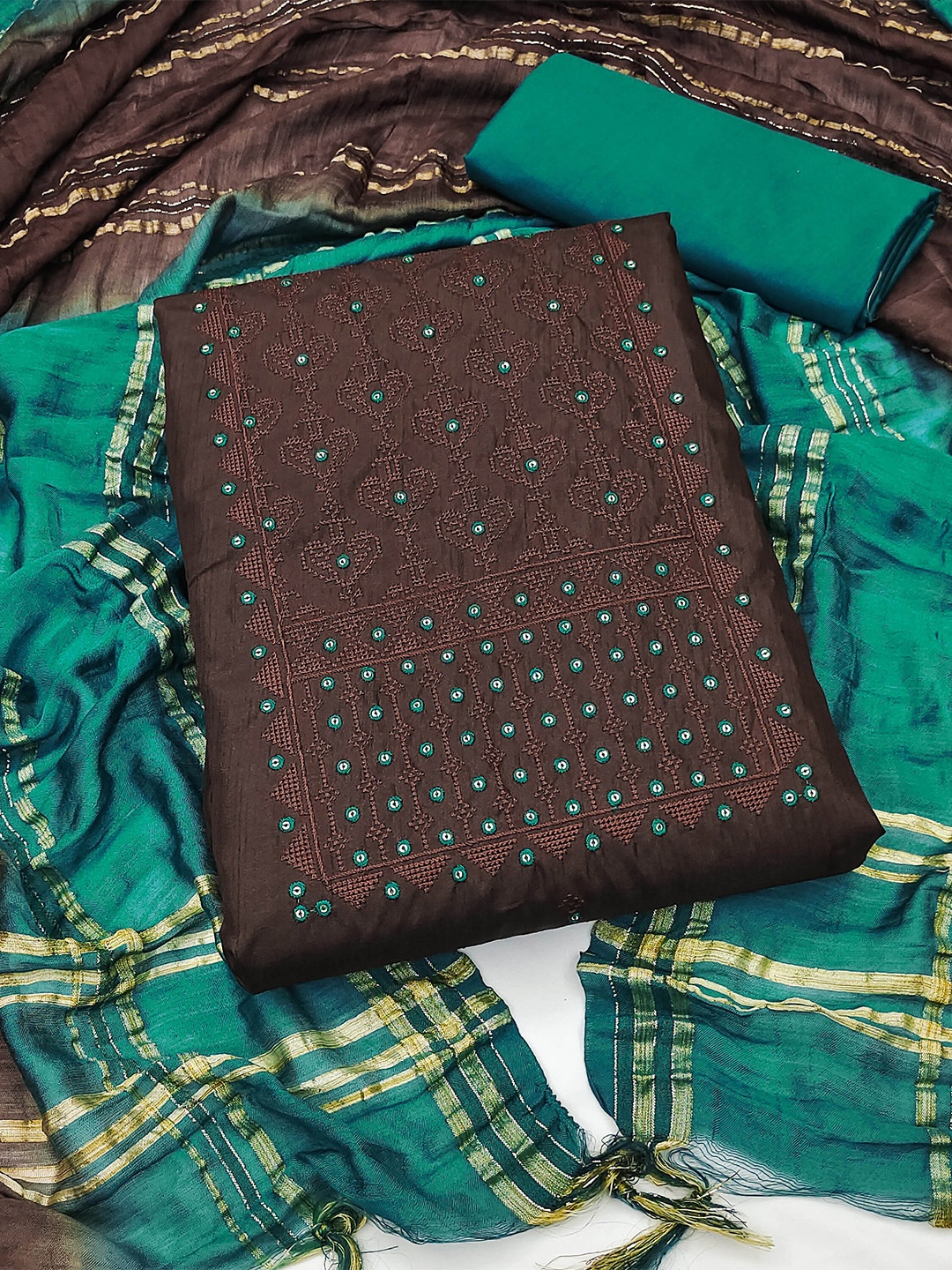 

MANVAA Ethnic Motifs Embroidered Unstitched Dress Material, Brown