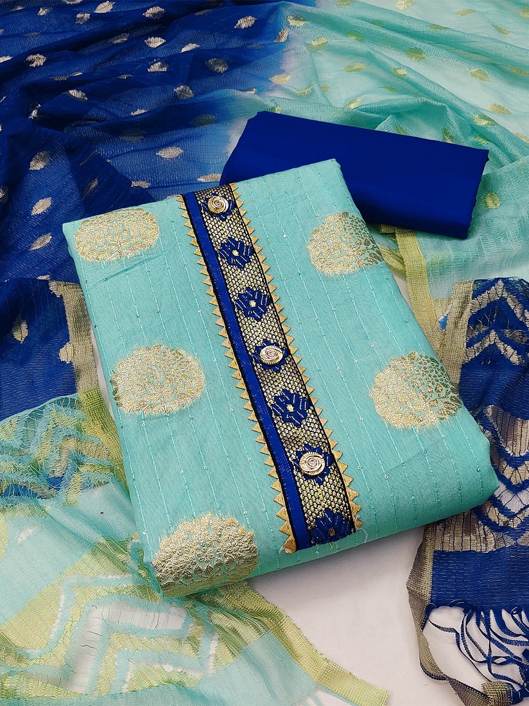 

MANVAA Ethnic Motifs Woven Design Sequinned Unstitched Dress Material, Sea green