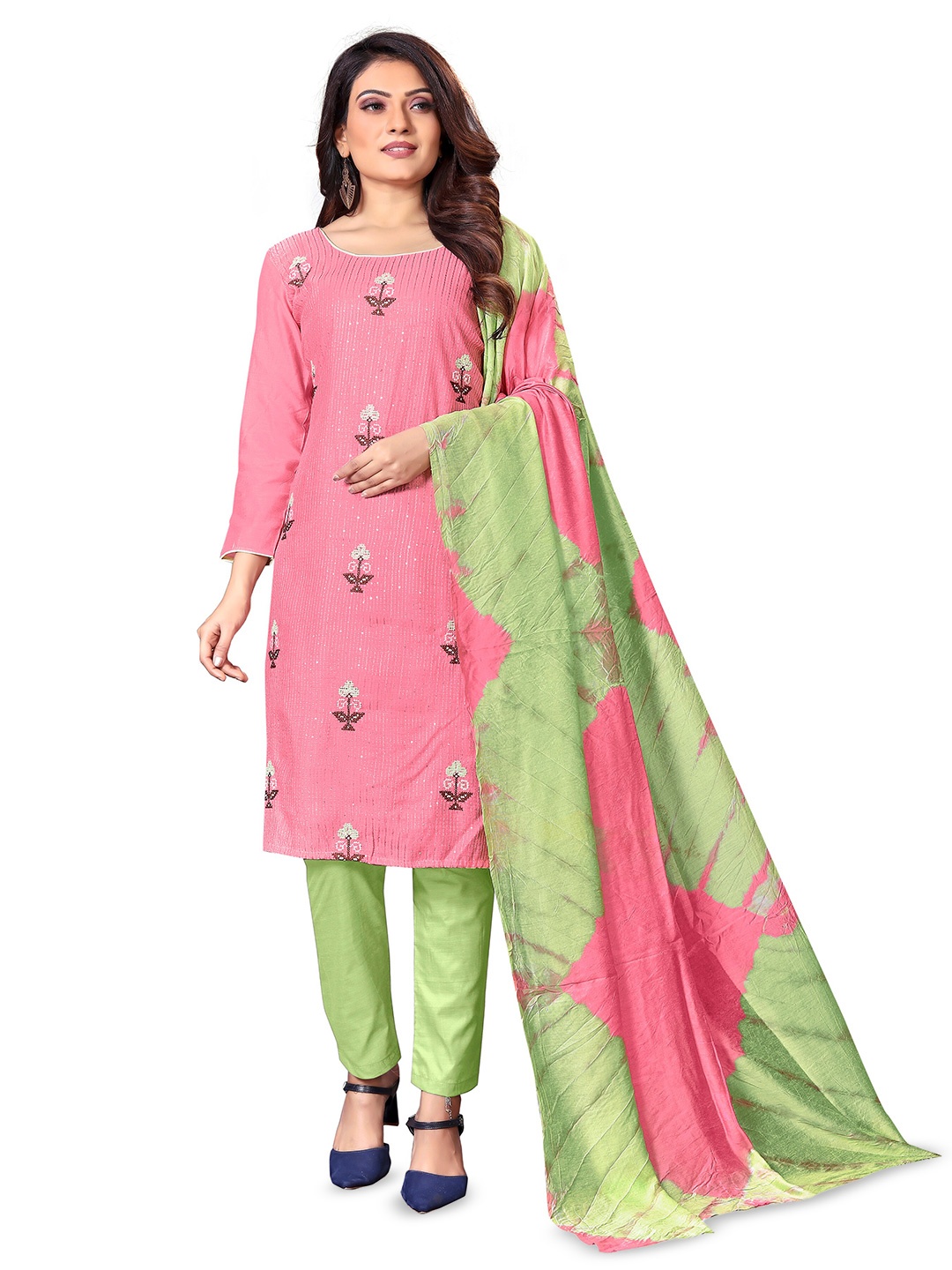 

MANVAA Ethnic Motifs Embroidered Pure Cotton Unstitched Dress Material, Pink