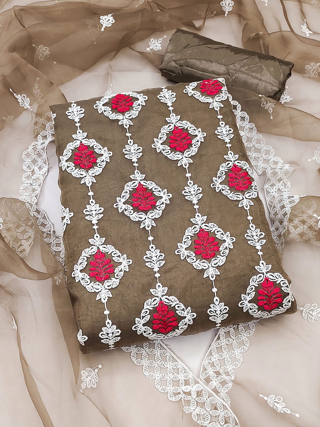 

MANVAA Ethnic Motifs Embroidered Organza Unstitched Dress Material, Brown