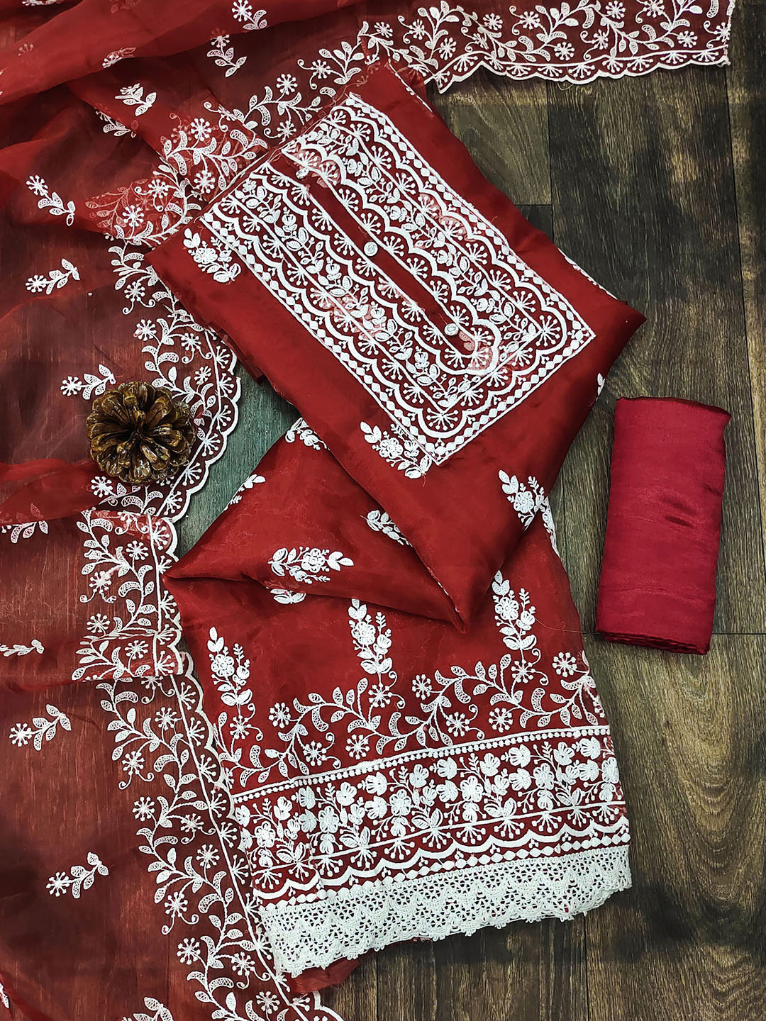 

MANVAA Embroidered Organza Unstitched Dress Material, Maroon