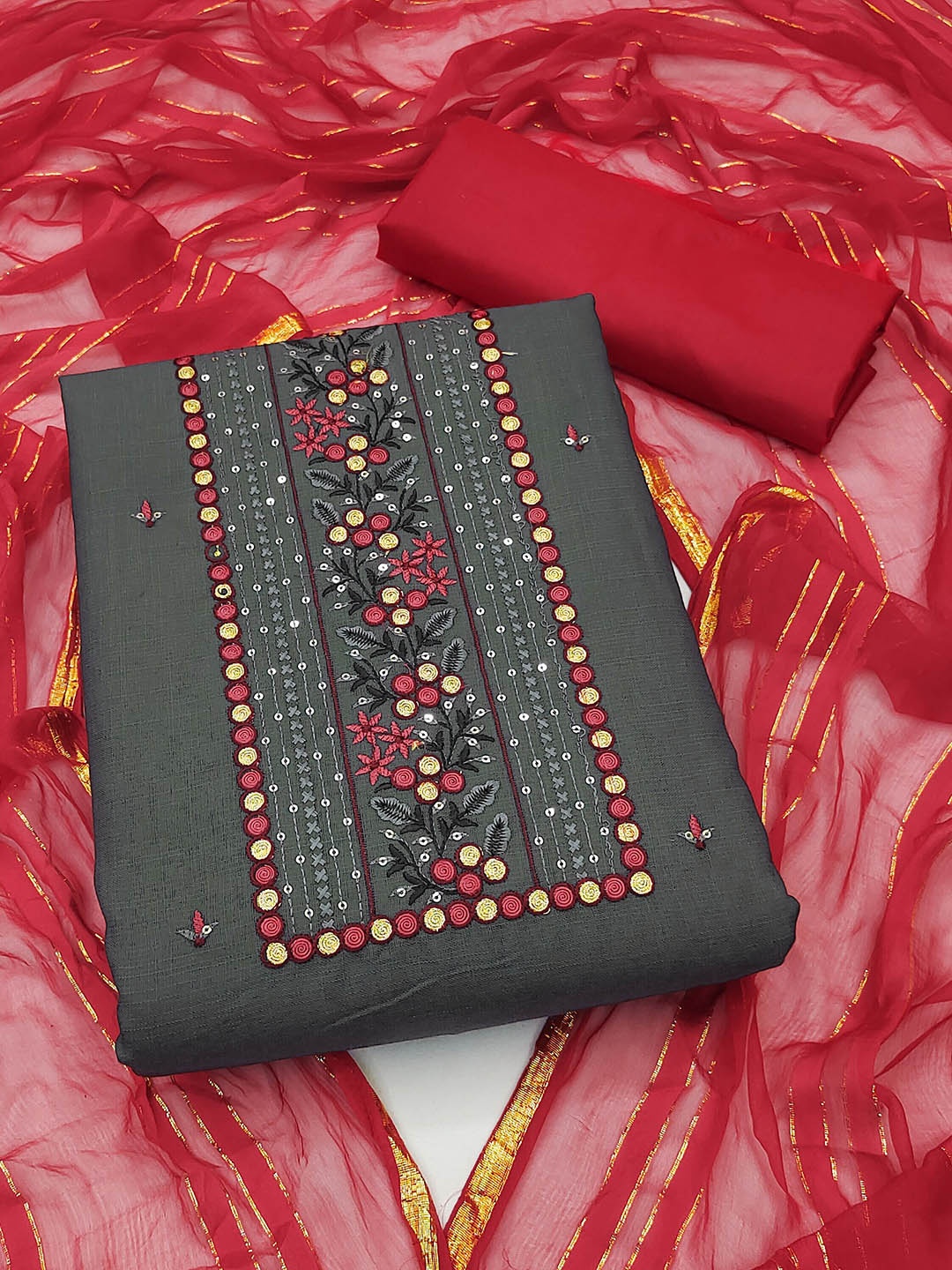 

MANVAA Floral Embroidered Sequinned Cotton Unstitched Dress Material, Grey