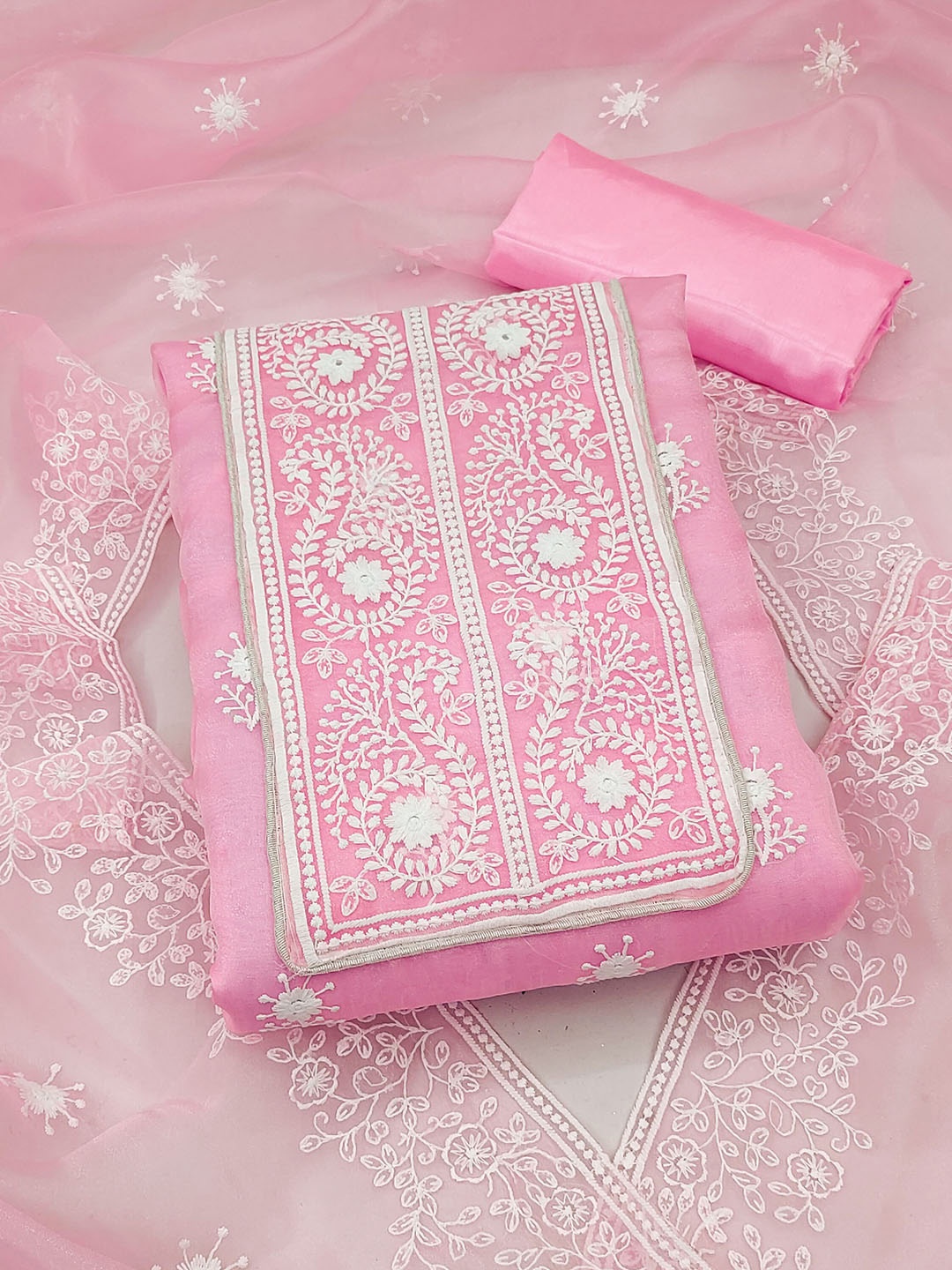 

MANVAA Ethnic Motifs Embroidered Organza Unstitched Dress Material, Pink