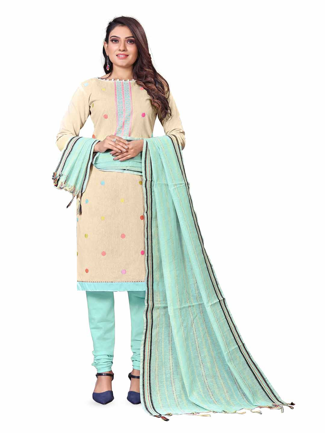 

MANVAA Geometric Embroidered Unstitched Dress Material, Beige